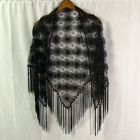 Accessories - Black Crochet Beaded Floral Fringe Shawl